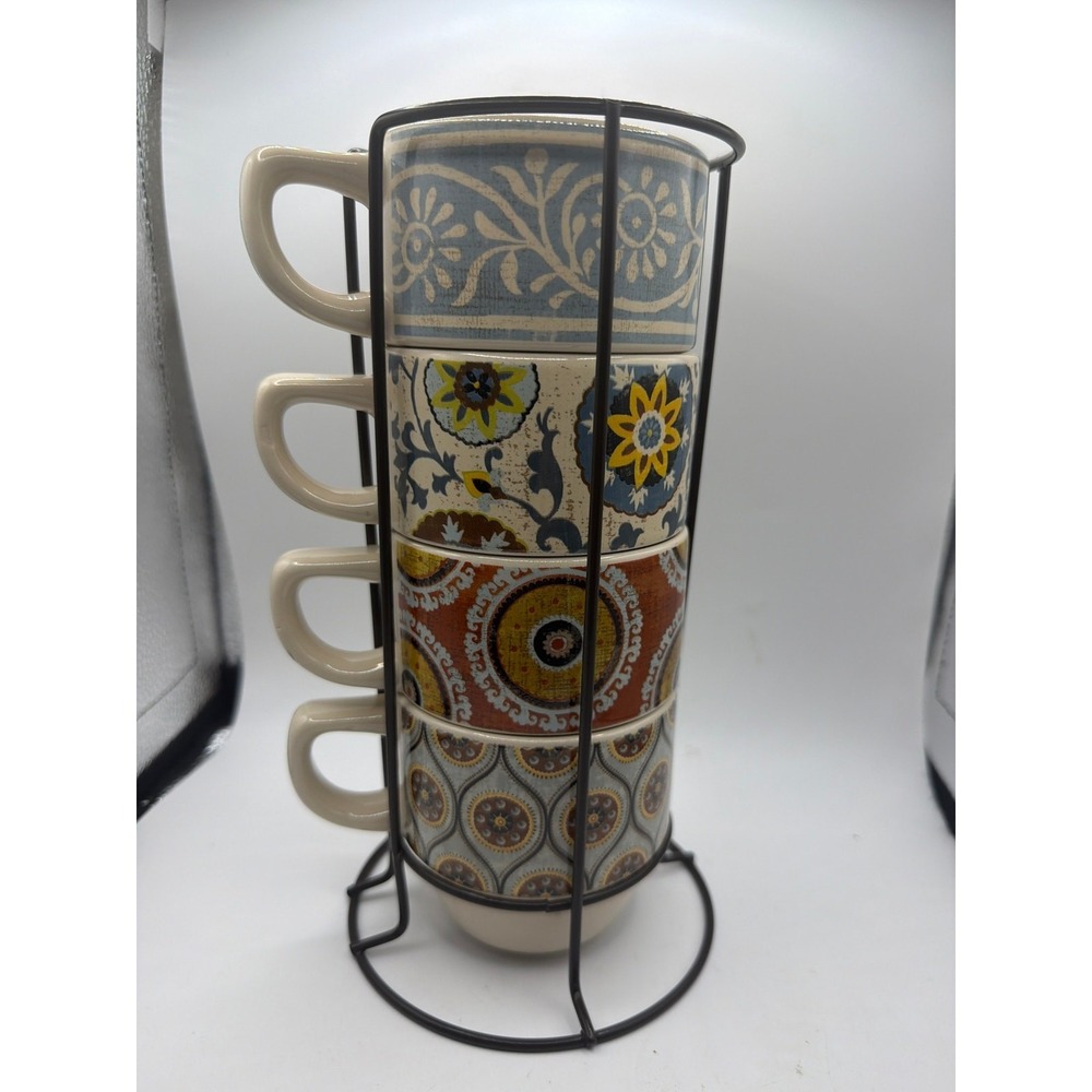 PIER 1 IMPORTS Mugs Stacking Ceramic SET of 4 with Metal Rack